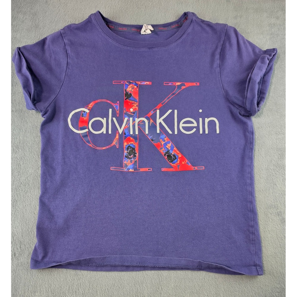 Calvin Klein Purple Floral CK Logo Tee Womens Medium